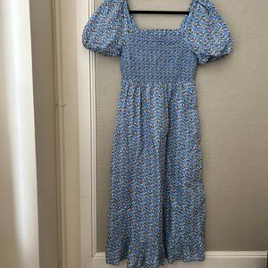 J. Crew Blue Floral Smocked Puff Sleeve Midi Dress